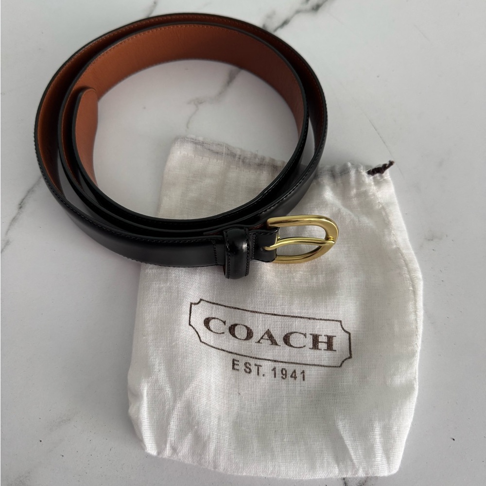 Coach Men’s Black Leather Belt with Gold Brass Buckle, Size 38